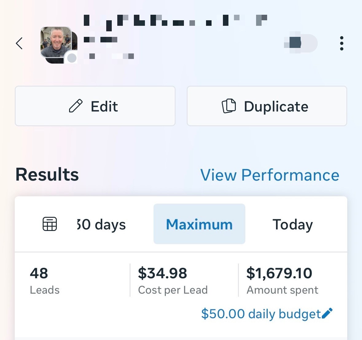 48 leads at $34.98 each for an exteriors client (name redacted pending permission).