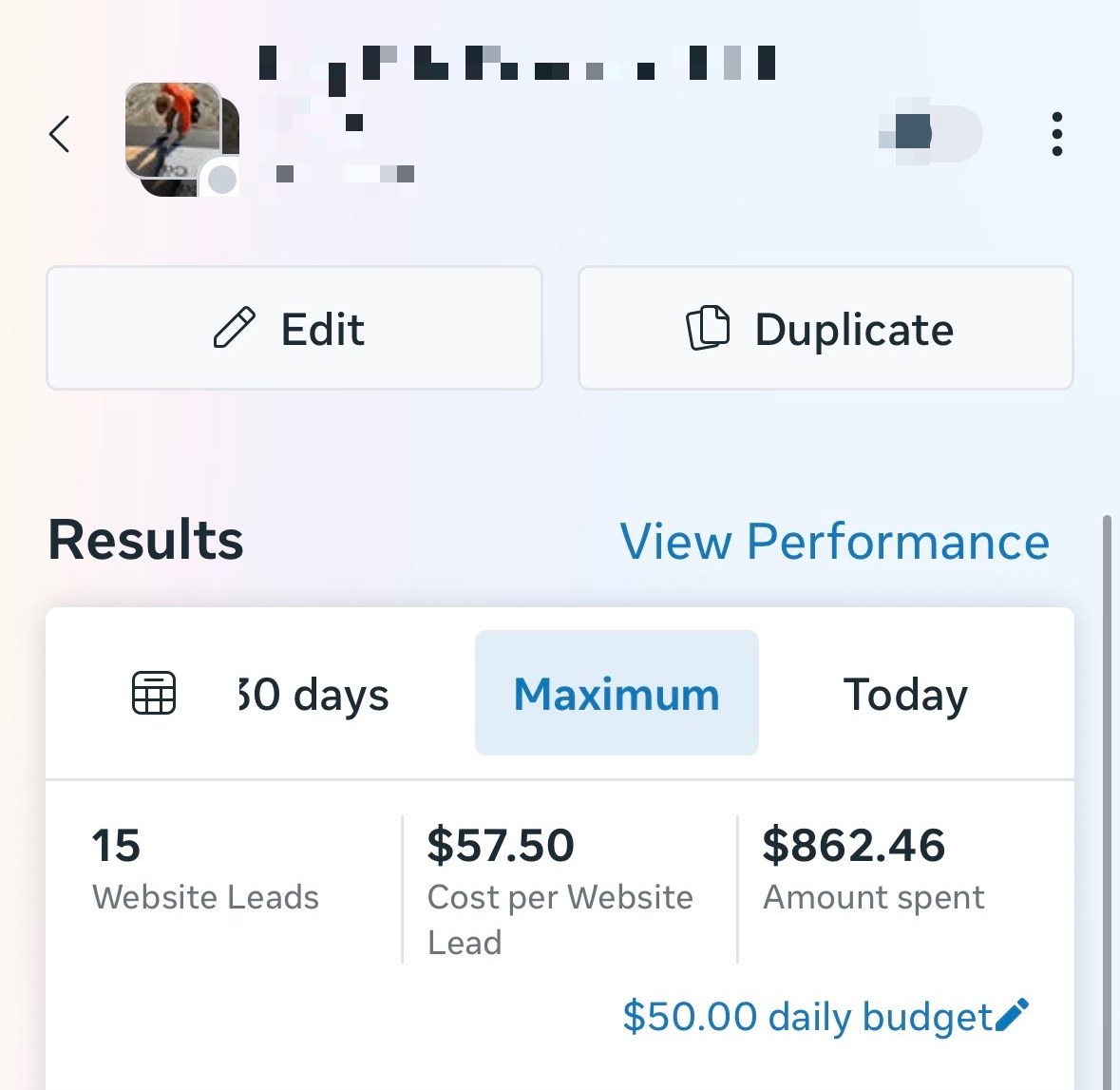 15 website leads on a landing-page campaign.