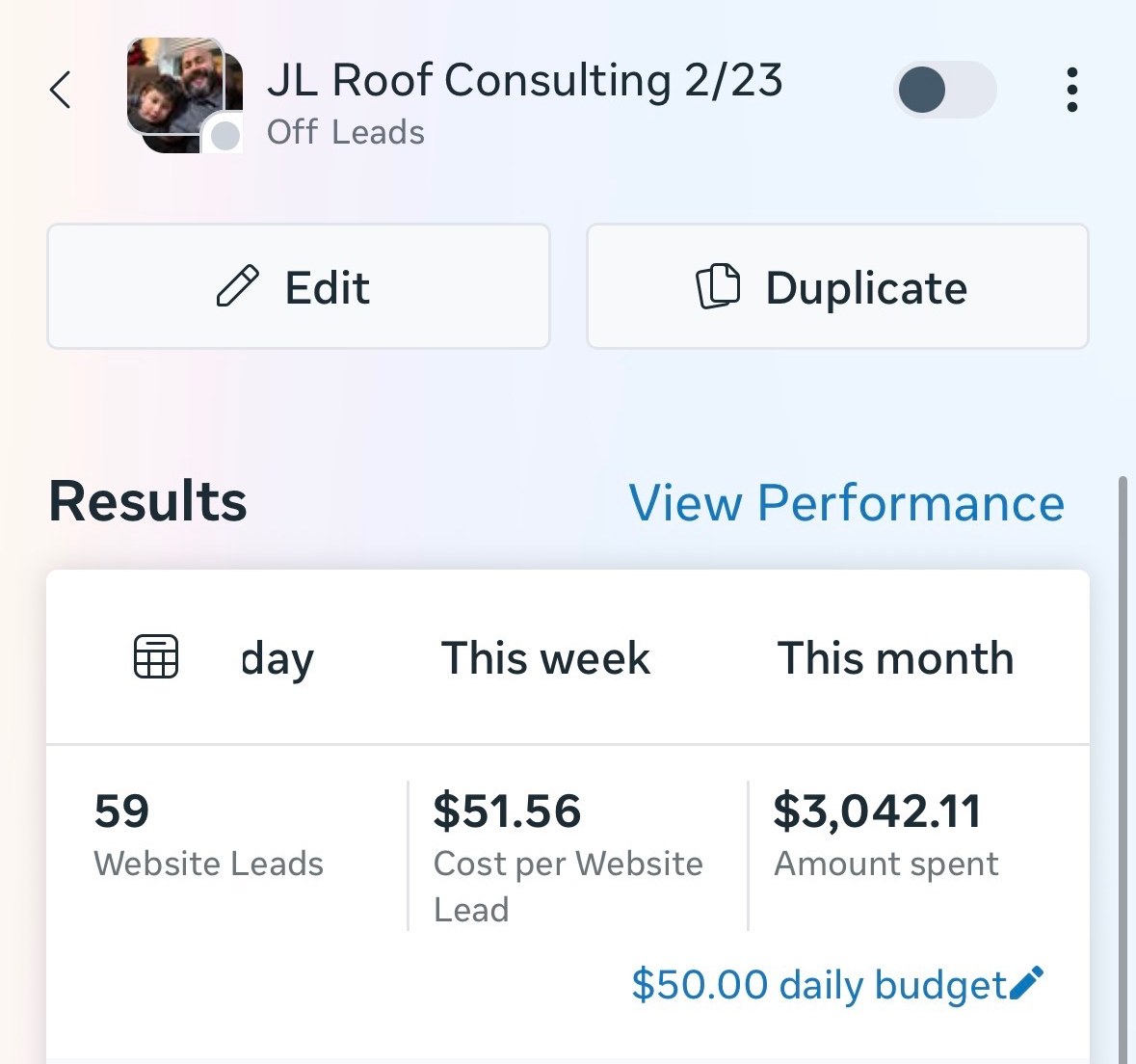 59 website leads at $51.56 on the JL Roof campaign.