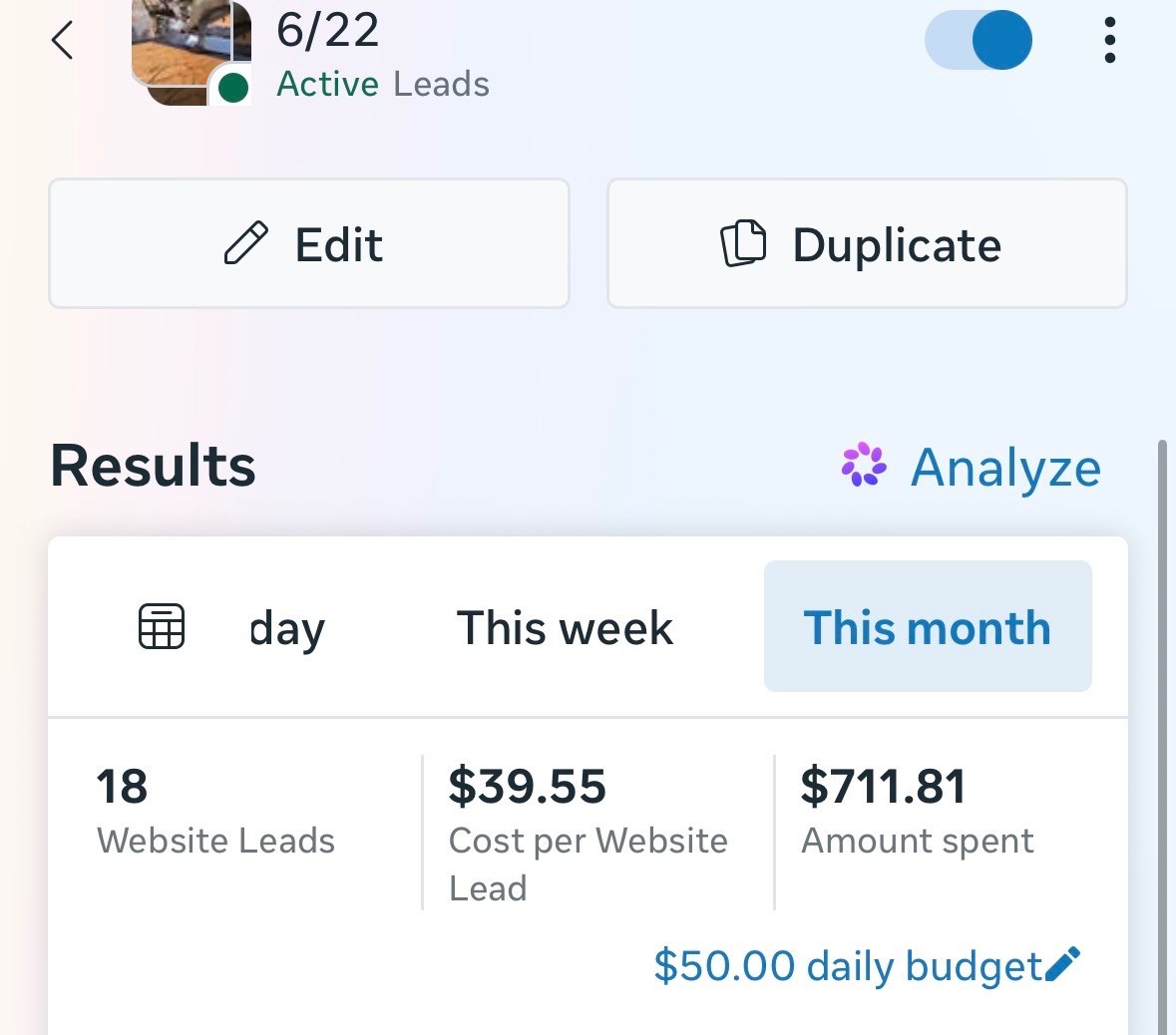 18 website leads this month at $39.55 each.